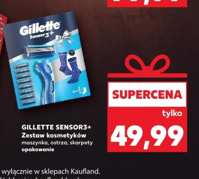 Zestaw kosmetyków GILLETTE SENSOR3+ maszynka, ostrza, skarpety opakowanie promocja w Kaufland