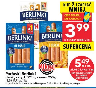 Parówki Berlinki z serem 250g promocja w LEWIATAN