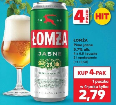 Piwo Łomża jasne 4 x 0,5 l puszka 2 i opakowanie promocja w Kaufland