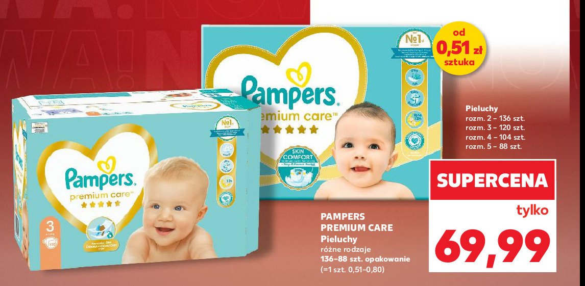 Pieluchy dla dzieci 3 Pampers premium care promocja w Kaufland