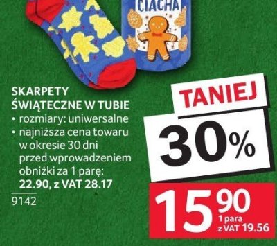 Skarpety świąteczne w tubie rozmiary: uniwersalne najniższa cena towaru w ostatnich 30 dniach obowiązującym obniżką za 1 parę: 22.90 z VAT 28.17 promocja w Selgros