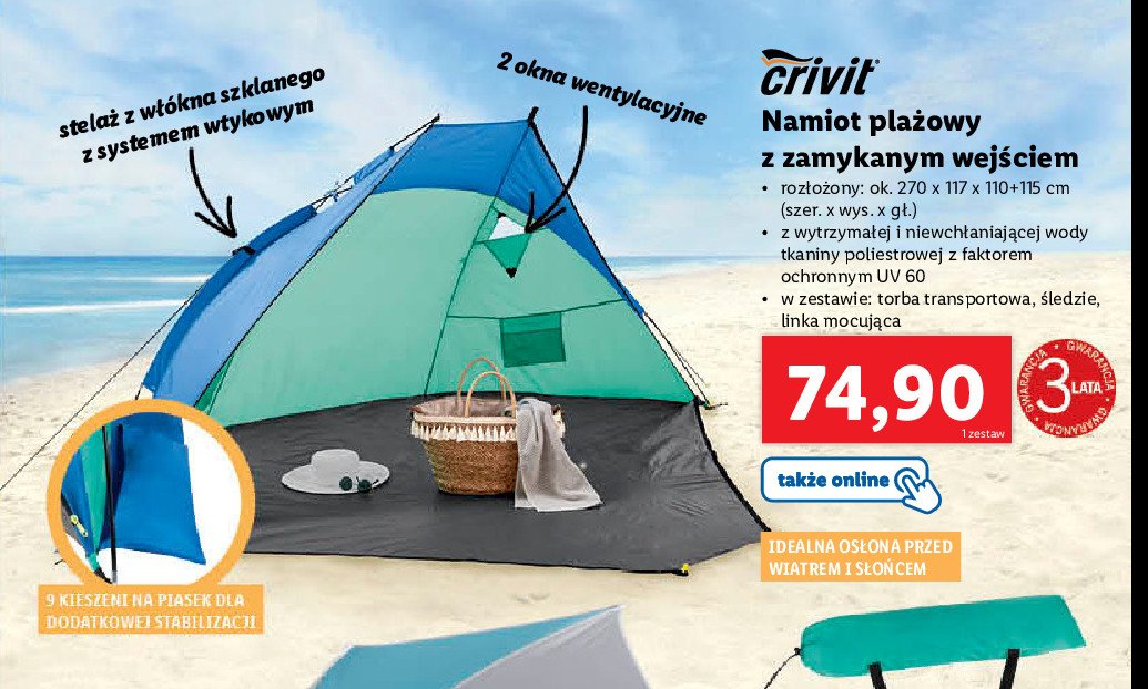 Namiot plażowy z zamykanym wejściem 270 x 117 x 110+115 cm Crivit promocja