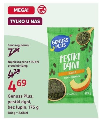 Pestki dyni bez łupin Genuss Plus, 175 g promocja w Rossmann