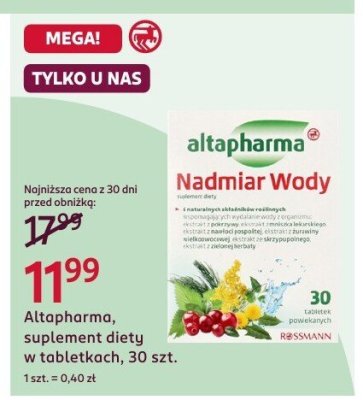 Suplement diety Altapharma Nadmiar Wody w tabletkach, 30 szt. promocja w Rossmann