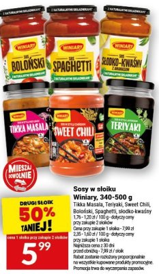 Sosy w słoiku Winiary, 340-500 g (Tikka Masala, Teriyaki, Sweet Chili, Boloński, Spaghetti, słodko kwaśny) promocja w Twój Market