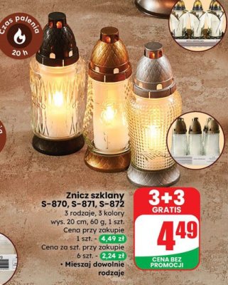 Znicz szklany S-870, S-871, S-872 3 rodzaje, 3 kolory wys. 20 cm, śr. 60 g promocja w Dino