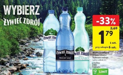 Woda źródlana ŻYWIEC ZDRÓJ wybrane rodzaje 1,5 l, 1,19 zł / 1 l i możliwy MIX rodzajów promocja w Intermarche
