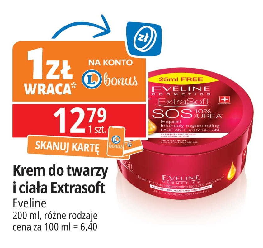 Odżywczy krem odmładzający do twarzy i ciała Eveline extra soft promocja w Leclerc