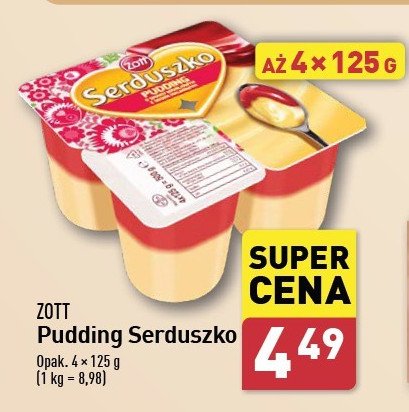 Pudding waniliowy z sosem malinowym Zott serduszko promocja w Aldi