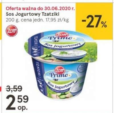 Sos jogurtowy z ogórkiem i czosnkiem tzatziki Zott primo promocja