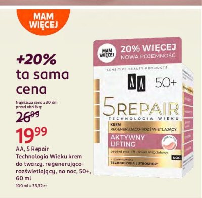 Krem regeneracyjno-roz艣wietlaj膮cy aktywny lifting na noc 50+ Aa technologia wieku 5repair promocja
