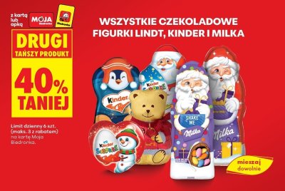 Czekoladowe figurki Lindt, Kider i Milka DRUGA -40% promocja w Biedronka