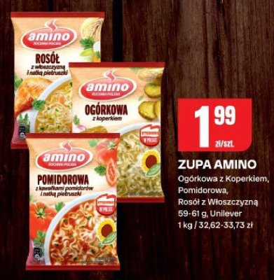 Zupa Amino Ogórkowa z Koperkiem, Pomidorowa, Rosół z Włoszczyzną 59-61 g, Unilever promocja w Chorten