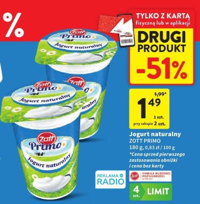 Jogurt naturalny Zott Primo promocja w Intermarche