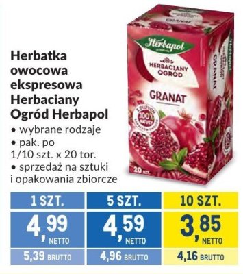Herbatka owocowa ekspresowa Herbaciany Ogród Herbapol wybrane rodzaje promocja w Makro