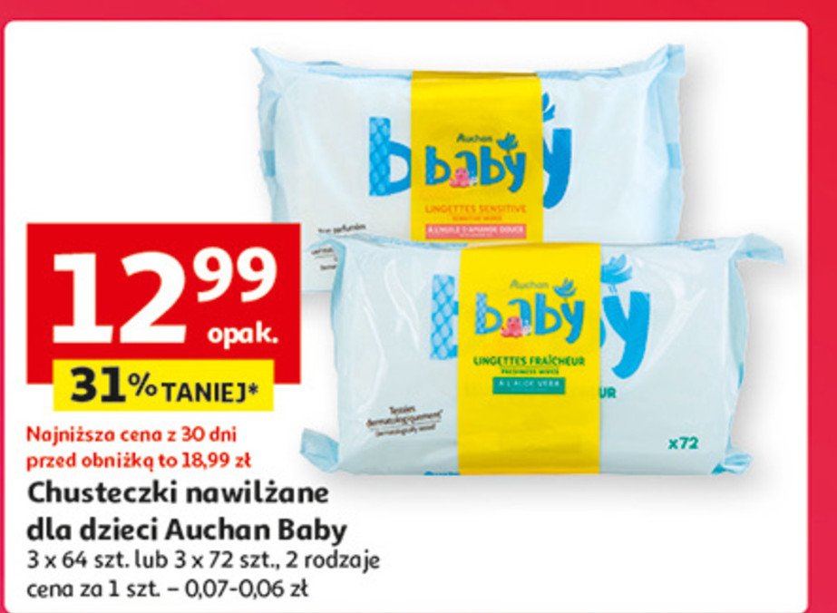 Chusteczki nawilżane sensitive Auchan baby promocja w Auchan