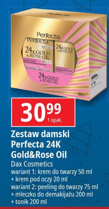 Zestaw w pudełku 60+: mleczko 200 ml + tonik 200 ml + peeling 75 ml Perfecta 24k gold & rose oil promocja w Leclerc