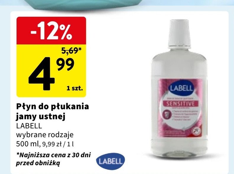 Płyn do codziennej higieny jamy ustnej sensitive Labell promocja w Intermarche