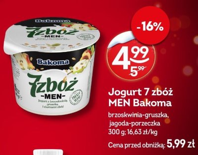 Jogurt 7 zbóż MEN Bakoma brzoskwinia-gruszka, jagoda-porzeczka promocja w Żabka