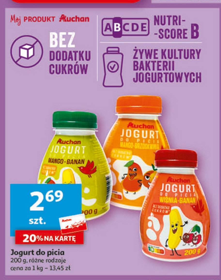 Jogurt pitny owocowy mango-brzoswkwinia Auchan różnorodne (logo czerwone) promocja