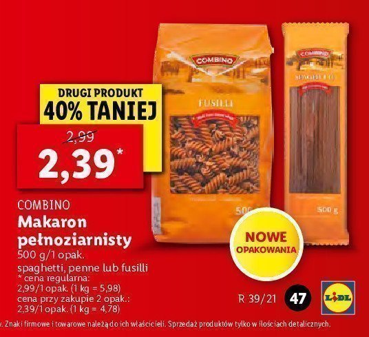 Makaron pe艂noziarnisty fusilli Combino promocja