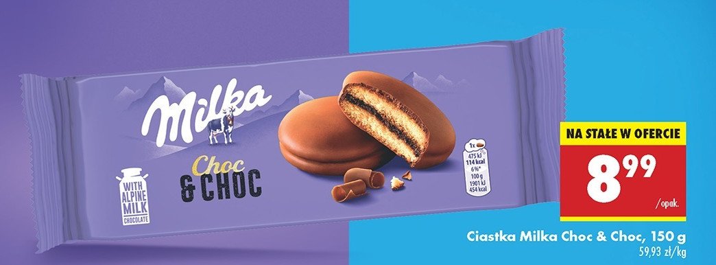 Ciastka biszkoptowe przek艂adane nadzieniem kakaowym i kawa艂kami czekolady Milka promocja w Biedronka