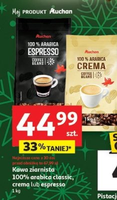 Kawa ziarnista 100% Arabica classic, crema lub espresso 1 kg promocja w Auchan