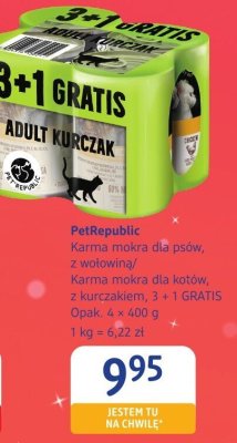 Karma dla psów PetRepublic z wołowiną, Karma mokra dla kotów z kurczakiem 3 + 1 GRATIS promocja w Drogerie DM
