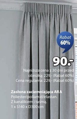 Zasłona zaciemniająca ARA z kanalikiem i taśmą 140x300 cm promocja w Jysk