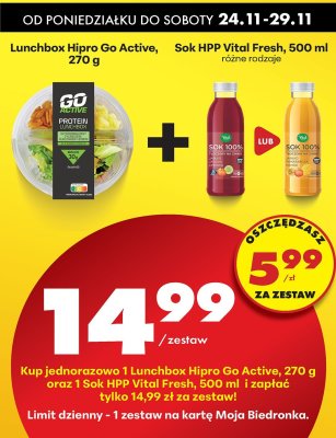 Zestaw Lunchbox Hipro Go Active 270g + Sok HPP Vital Fresh różne rodzaje 500ml promocja w Biedronka