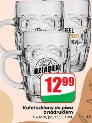 Kufel szklany do piwa z nadrukiem 3 wzory promocja w Dino