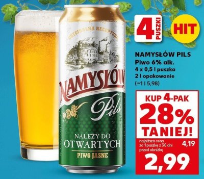 Piwo Namysłów Pils 6% alk. 4x0,5 l promocja w Kaufland