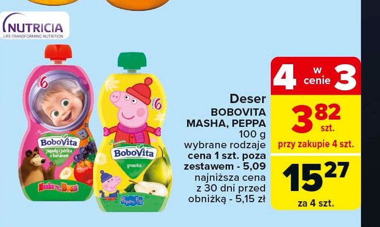 Mus jagoda jabłka i banan Bobovita masha and the bear promocja w Carrefour Market