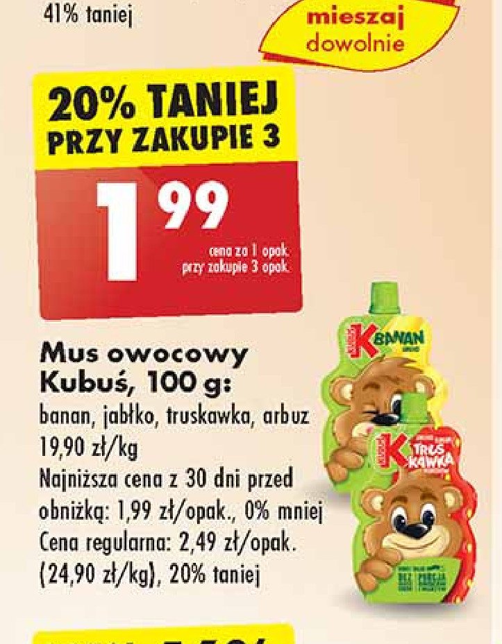 Mus jabłko-marchew-banan Kubuś mus 100% promocja w Biedronka