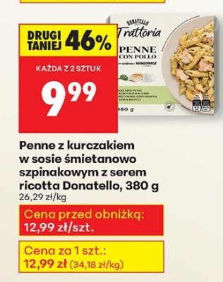 Penne z kurczakiem w sosie śmietanowo szpinakowym z serem ricotta Donatello, 380 g promocja w Biedronka