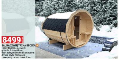 Sauna zewnętrzna beczka 190x240x200 cm, świerk skandynawski, dach pokryty gontem bitumicznym drzwi z szybą hartowaną zewnętrzny taras z ławeczkami promocja w Merkury Market