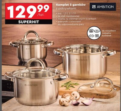 Komplet 3 garnków z pokrywkami Ambition promocja w Biedronka