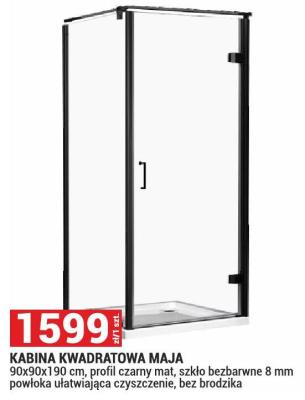 Kabina kwadratowa Maja 90x90x190 cm, profil czarny mat, szkło bezbarwne 8 mm powłoka ułatwiająca czyszczenie, bez brodzika promocja w Merkury Market