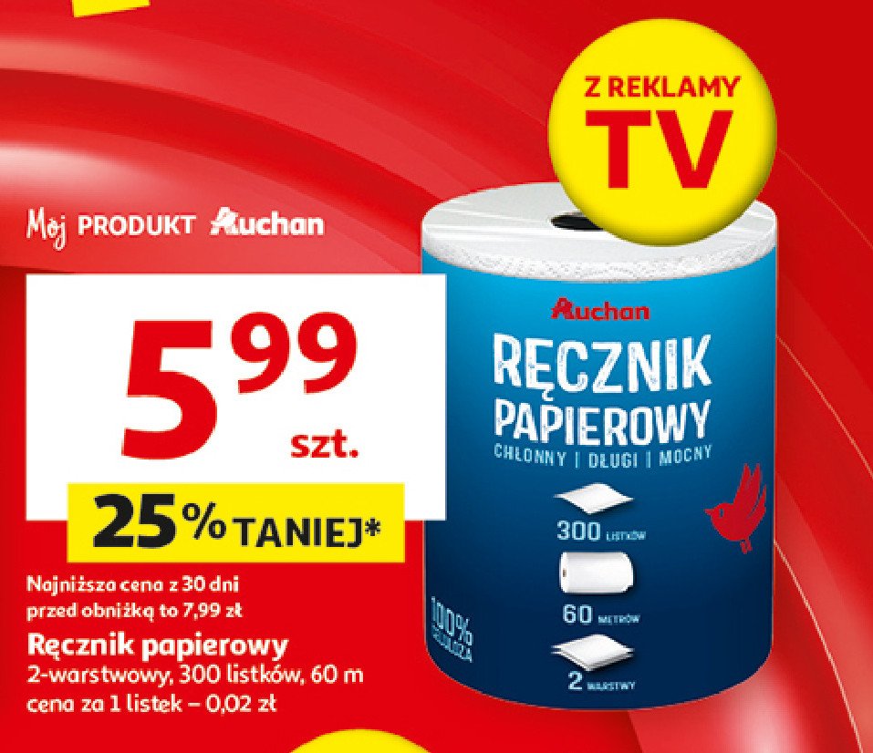 Ręcznik papierowy 300 listków Auchan różnorodne (logo czerwone) promocja