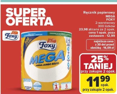 Ręcznik papierowy Foxy MEGA FOXY 2-warstwowy 300 listków promocja w Carrefour