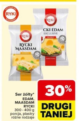 Ser żółty EDAM, MAASDAM RYKI 300 - 400 g porcja, plastry różne rodzaje promocja w Carrefour