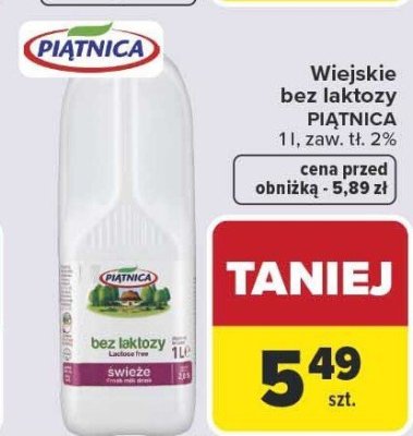 Mleko wiejskie bez laktozy PIĄTNICA, zaw. tł. 2% promocja w Carrefour Market