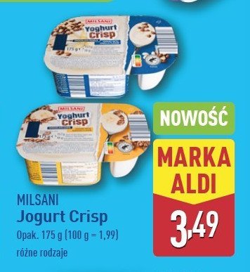 Jogurt crisp bananowy z czekoladowymi chrupkami Milsani crisp promocja w Aldi