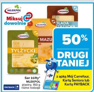 Ser żółty MLEKPOL plastry, 150 g różne rodzaje promocja w Carrefour Market