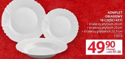 Komplet obiadowy 18 części Asti 6 talerzy płytkich 20 cm, 6 talerzy płytkich 25 cm, 6 talerzy głębokich 22.5 cm promocja w Selgros