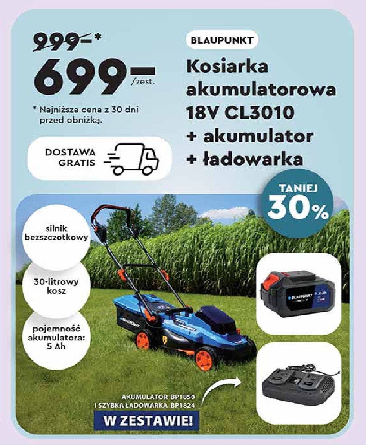 Kosiarka akumulatorowa 18v cl3010 Blaupunkt promocja w Biedronka