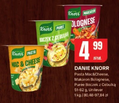 Danie Knorr Pasta Mac&Cheese, Makaron Bolognese, Puree Boczek z Cebulką Unilever promocja w Chorten