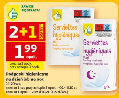Podpaski higieniczne na dzień lub na noc Serviettes hygiéniques 14-20 szt. promocja w Auchan