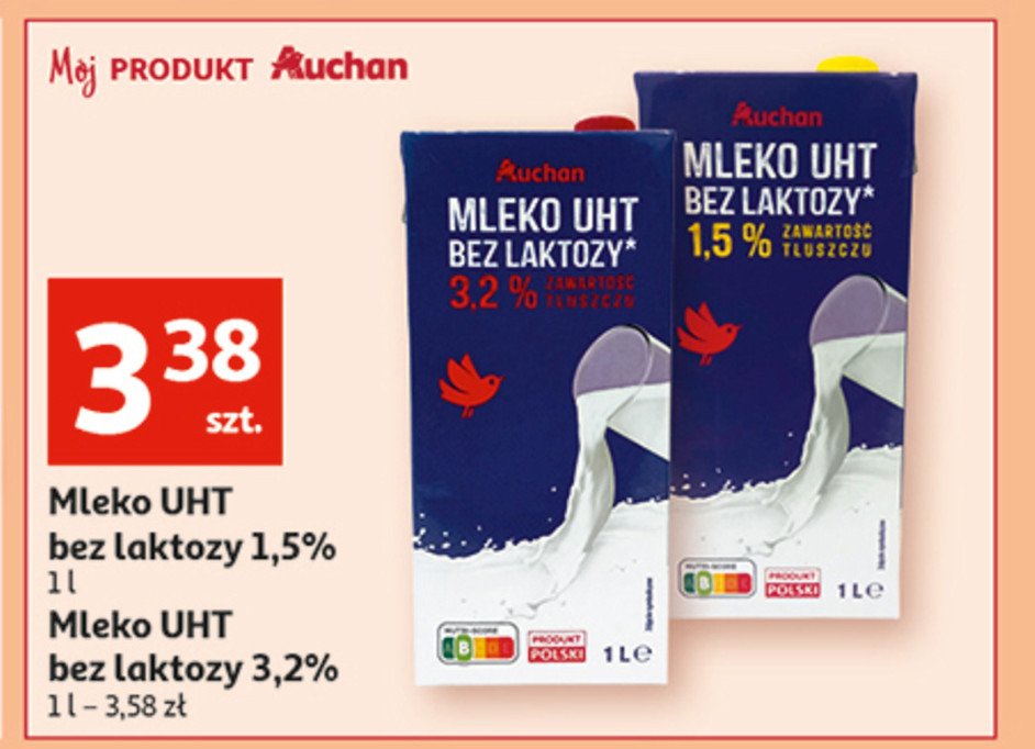 Mleko 3.2% bez laktozy Auchan różnorodne (logo czerwone) promocje