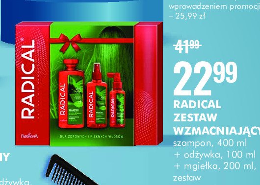 Zestaw w pudełku wzmacniający: szampon 400 ml + mgiełka 200 ml + odżywka 100 ml Radical promocja